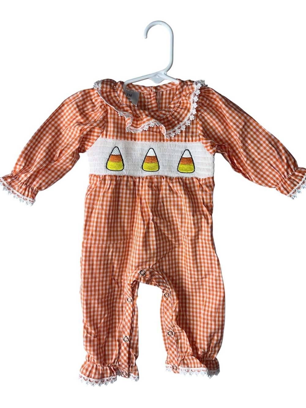 Orange Gingham Candy Corn Smocked Romper Girls  Halloween October Cotton